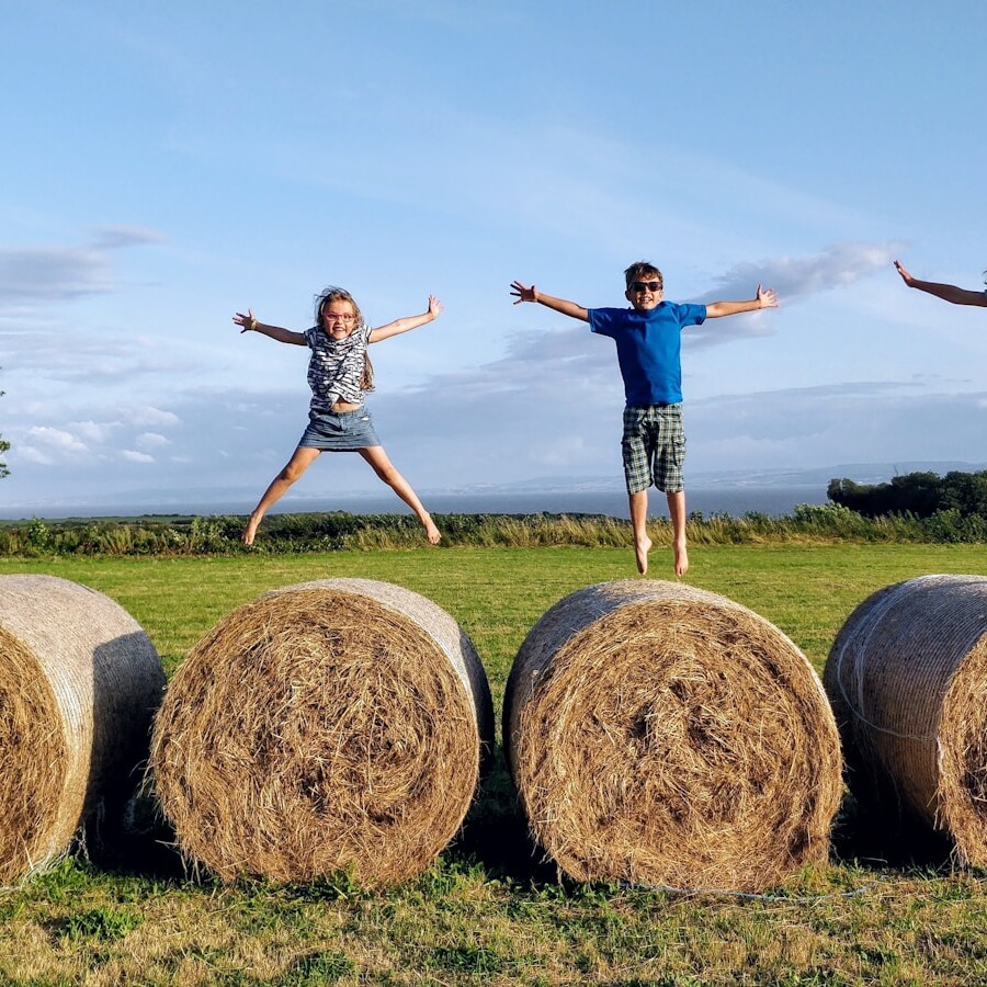 man in blue denim jeans standing on brown hays during daytime